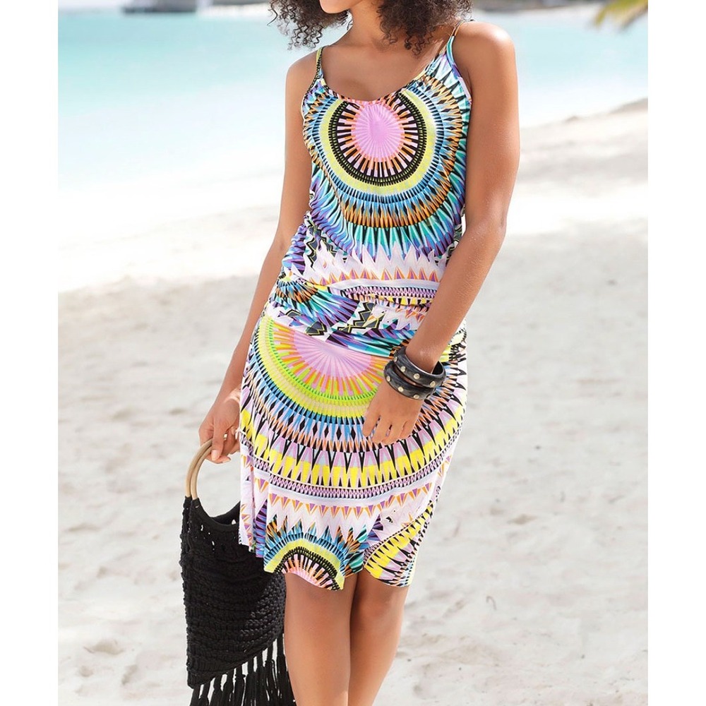 Lascana Drop Waist Sun Dress Kaleidoscopic Geometric Spaghetti Strap Sz 4 Hippie